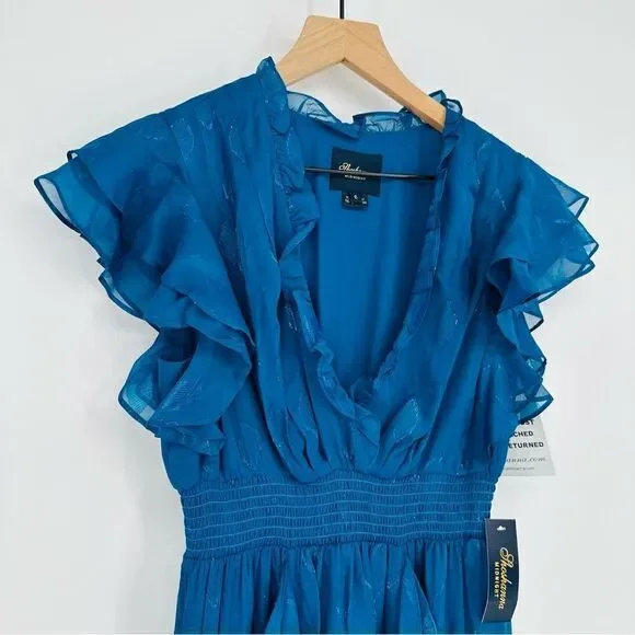 Shoshanna Maxine Metallic Midi Dress Ruffled in Dark Cerulean Blue Women's 6 NEW